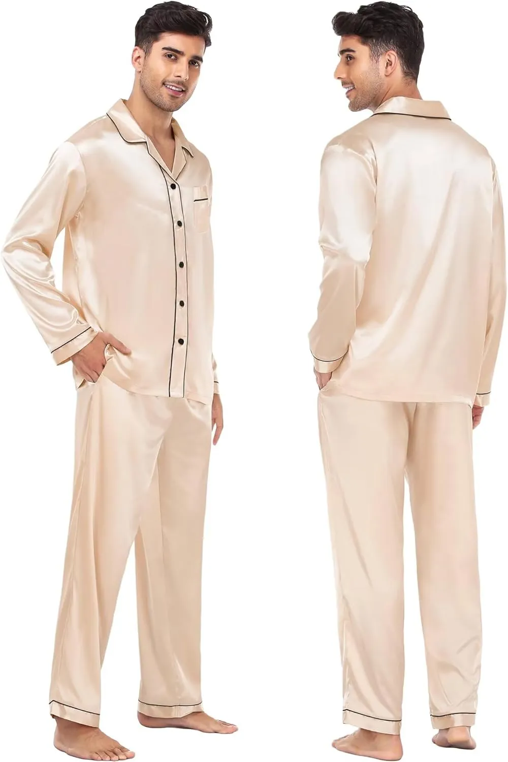SWOMOG Women & Men Satin Pajamas Set Couple Matching Pajamas Long Sleeve Sleepwear Button Down Loungewear 2 Pcs Pj Set