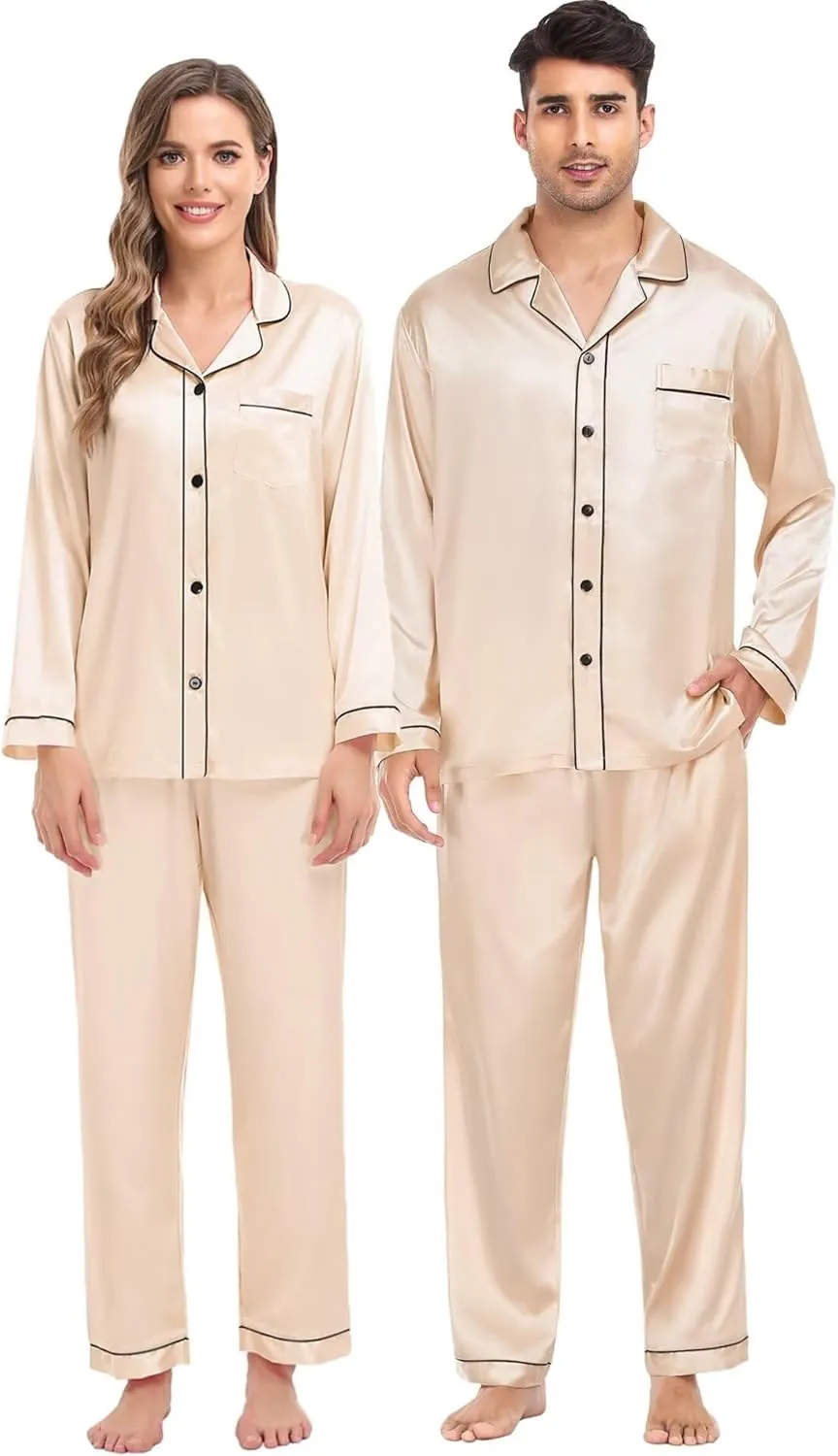 SWOMOG Women & Men Satin Pajamas Set Couple Matching Pajamas Long Sleeve Sleepwear Button Down Loungewear 2 Pcs Pj Set