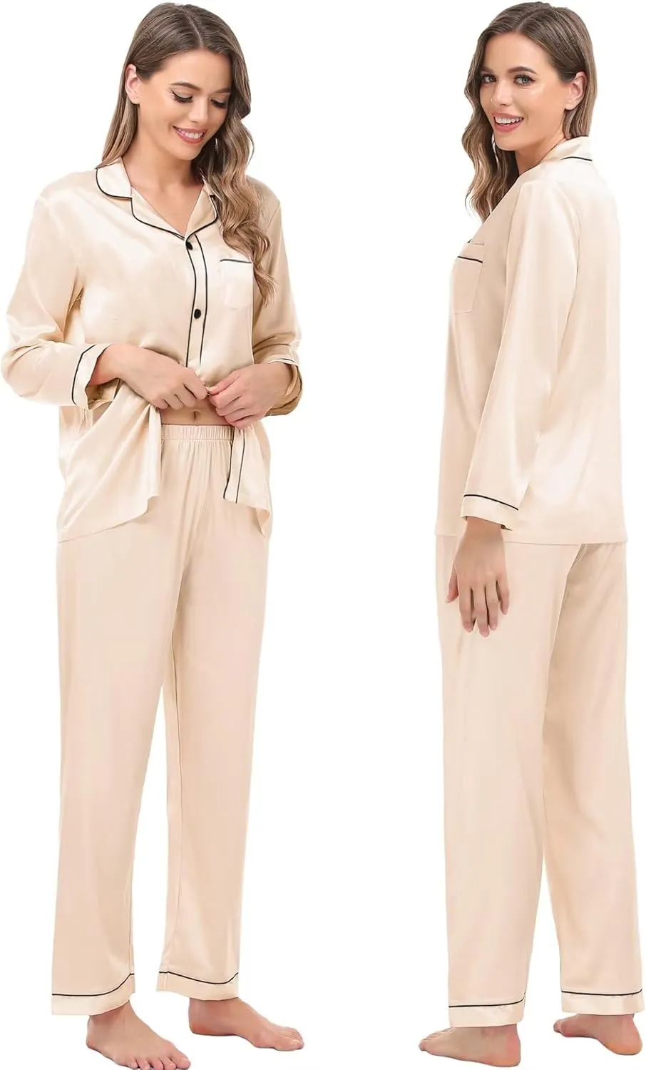 SWOMOG Women & Men Satin Pajamas Set Couple Matching Pajamas Long Sleeve Sleepwear Button Down Loungewear 2 Pcs Pj Set