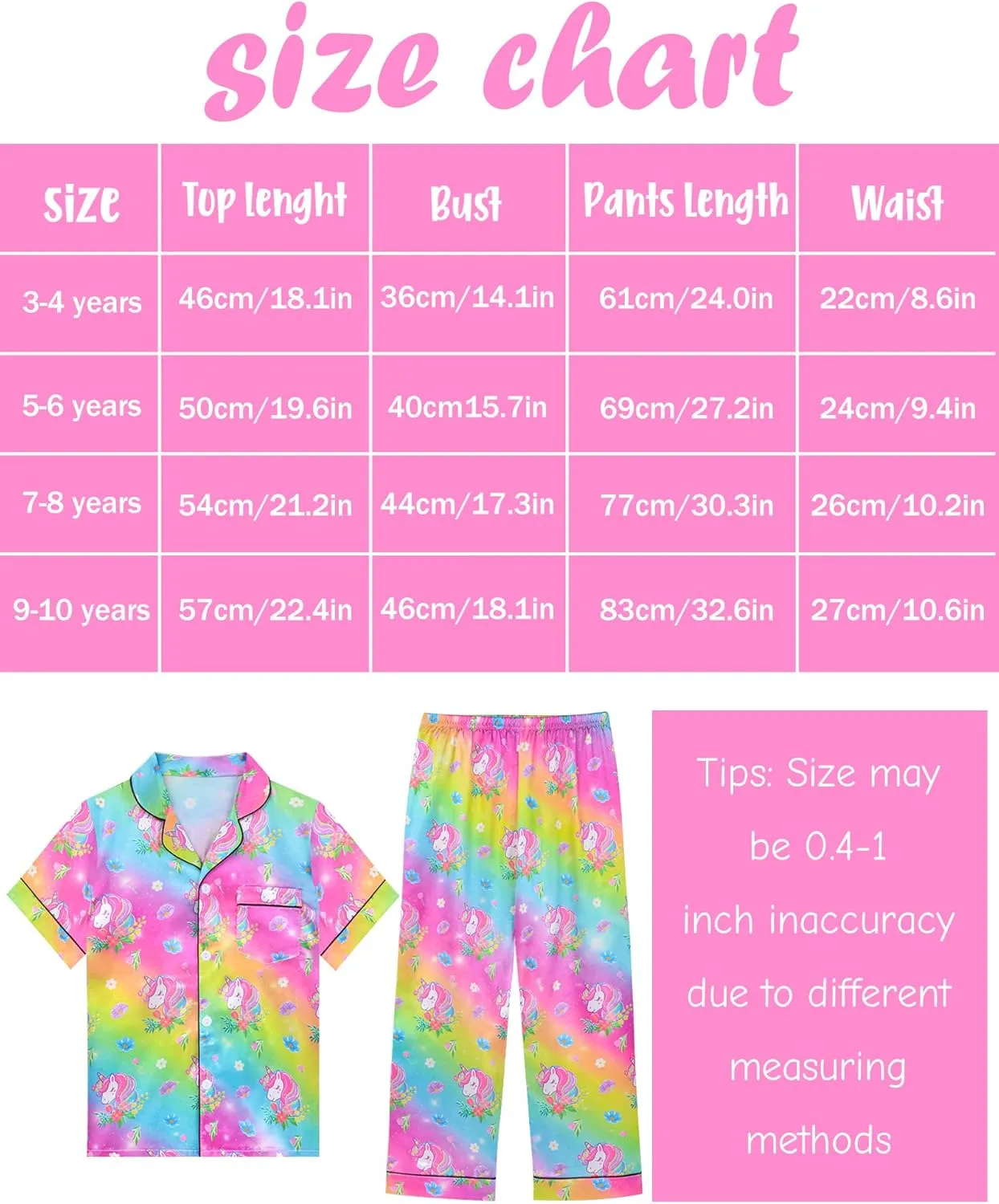 Sylfairy Girls Pajamas Silk PJS Set Rainbow Unicorn Sleepwear Short Sleeve Long Pants Jammies for Toddler Kids