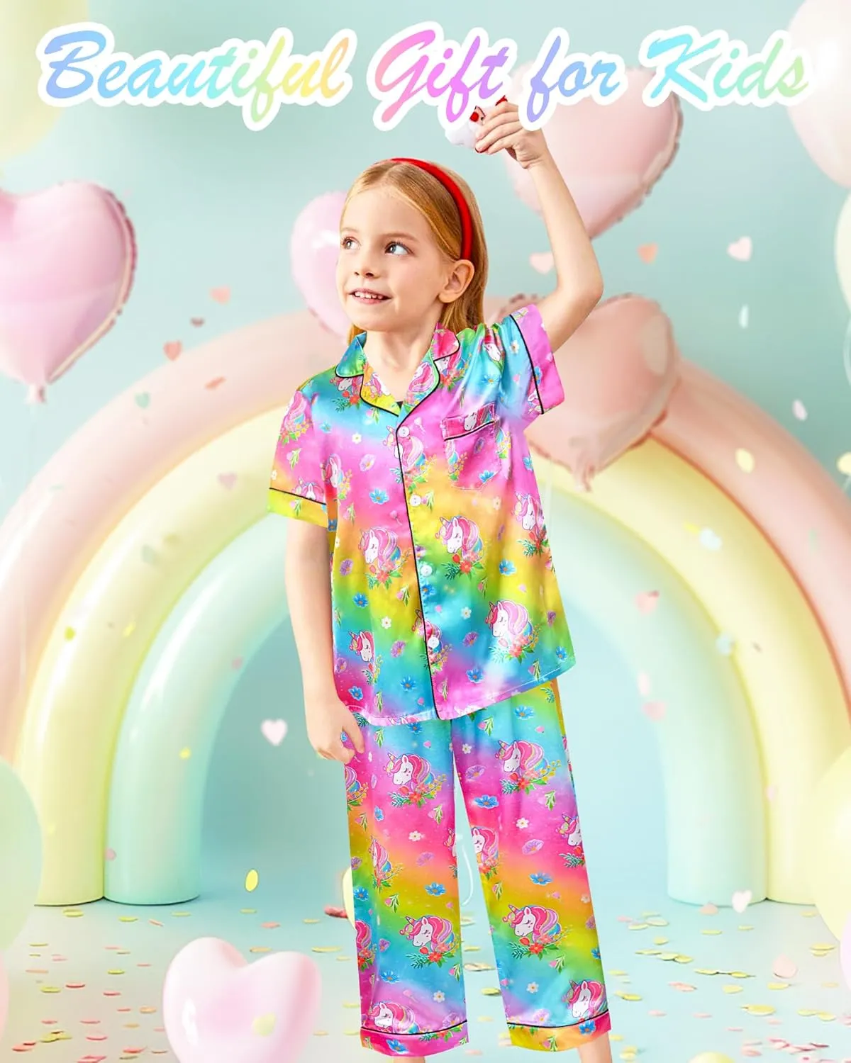 Sylfairy Girls Pajamas Silk PJS Set Rainbow Unicorn Sleepwear Short Sleeve Long Pants Jammies for Toddler Kids