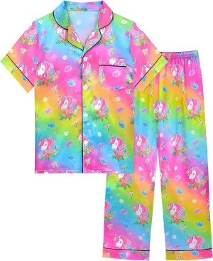 Sylfairy Girls Pajamas Silk PJS Set Rainbow Unicorn Sleepwear Short Sleeve Long Pants Jammies for Toddler Kids