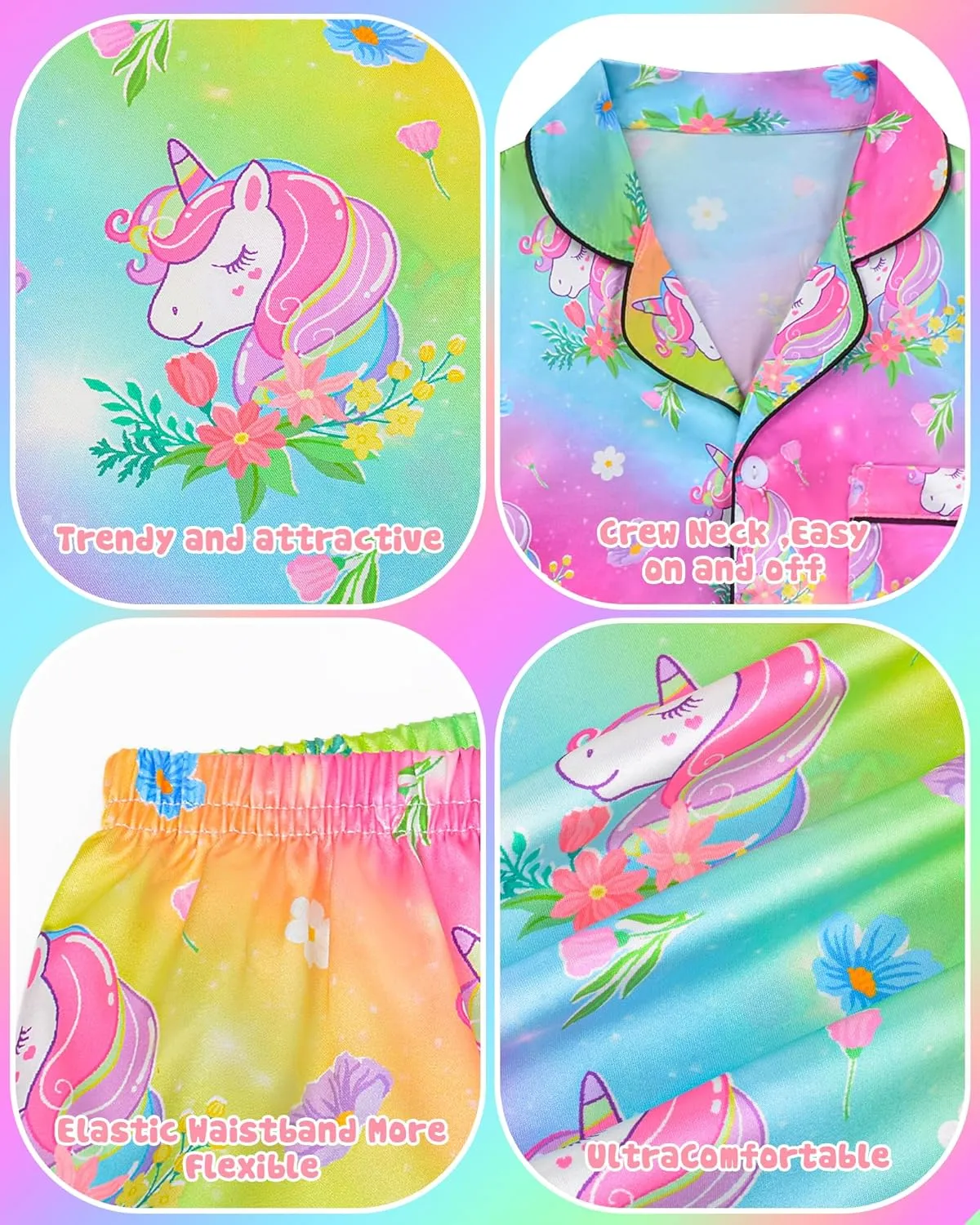 Sylfairy Girls Pajamas Silk PJS Set Rainbow Unicorn Sleepwear Short Sleeve Long Pants Jammies for Toddler Kids