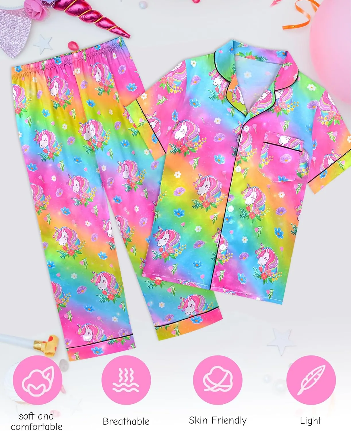 Sylfairy Girls Pajamas Silk PJS Set Rainbow Unicorn Sleepwear Short Sleeve Long Pants Jammies for Toddler Kids