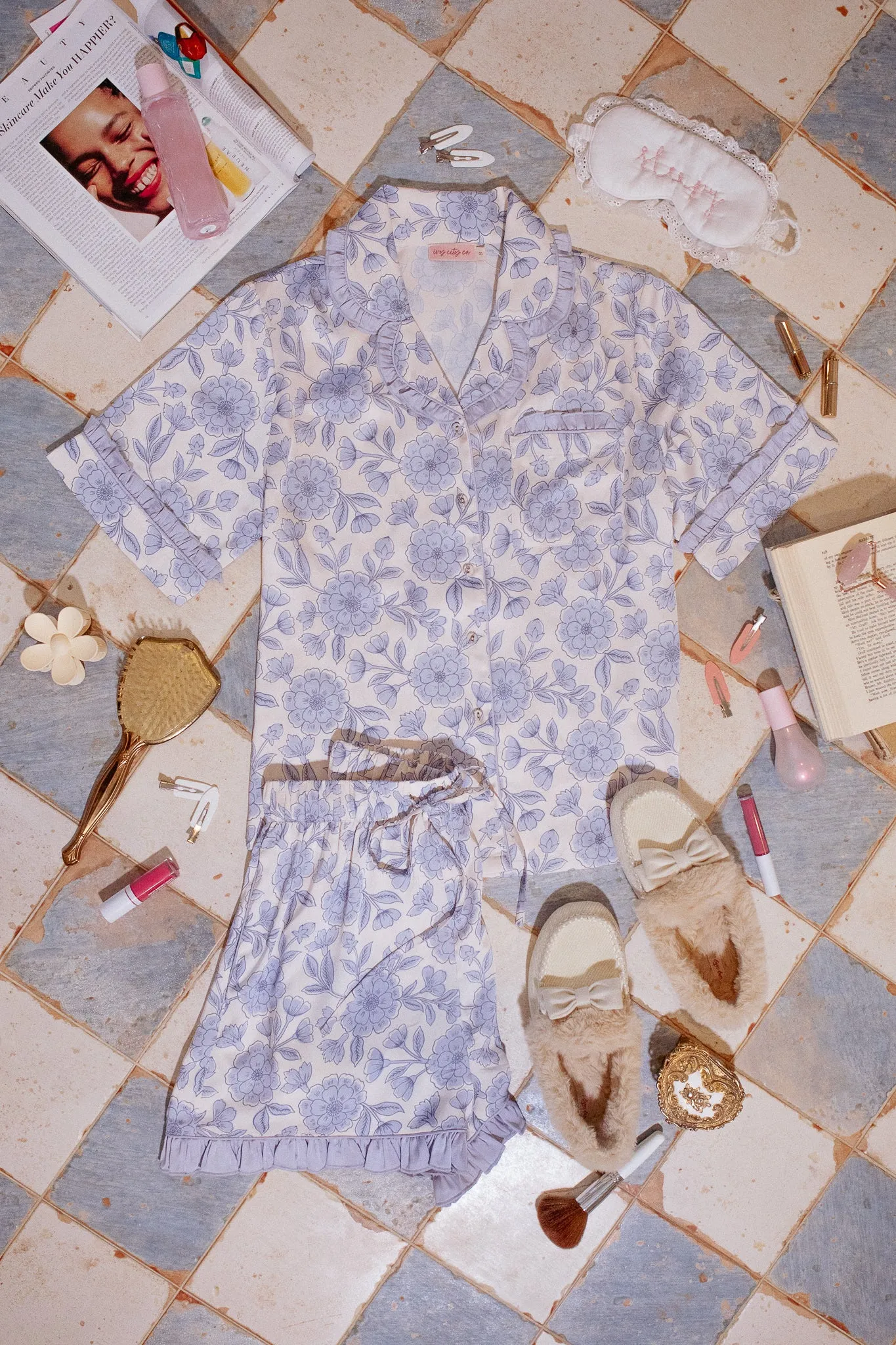 Sylvia Short Sleeve Pajama Set in Blue Floral