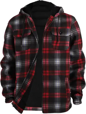 TanBridge Men's Flannel Plaid Jacket Full Zip Fleece Flannel Sherpa Hoodies Heavyweight Fleece Lined Warm Coat