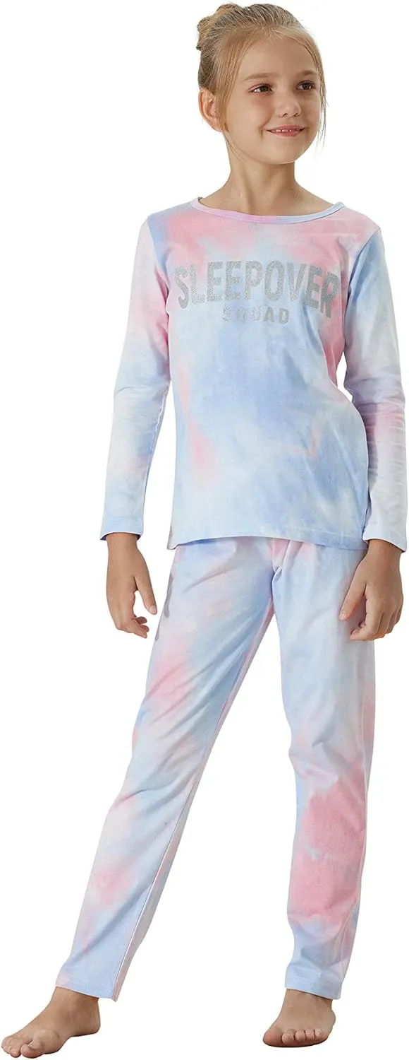 Tebbis Trendy Tie Dye Sleepover Pajamas for Girls -100% Cotton Soft Avocado/Caticorn Cat Donut PJ Set Size 6-18