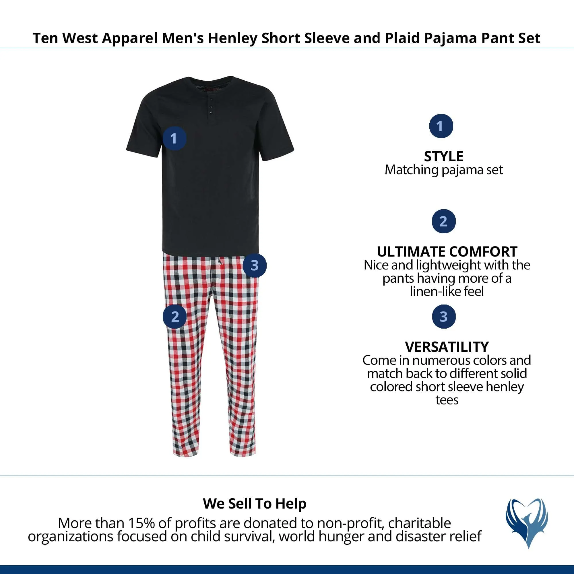 Ten West Apparel Men's Henley Short Sleeve and Plaid Pajama Pant Set