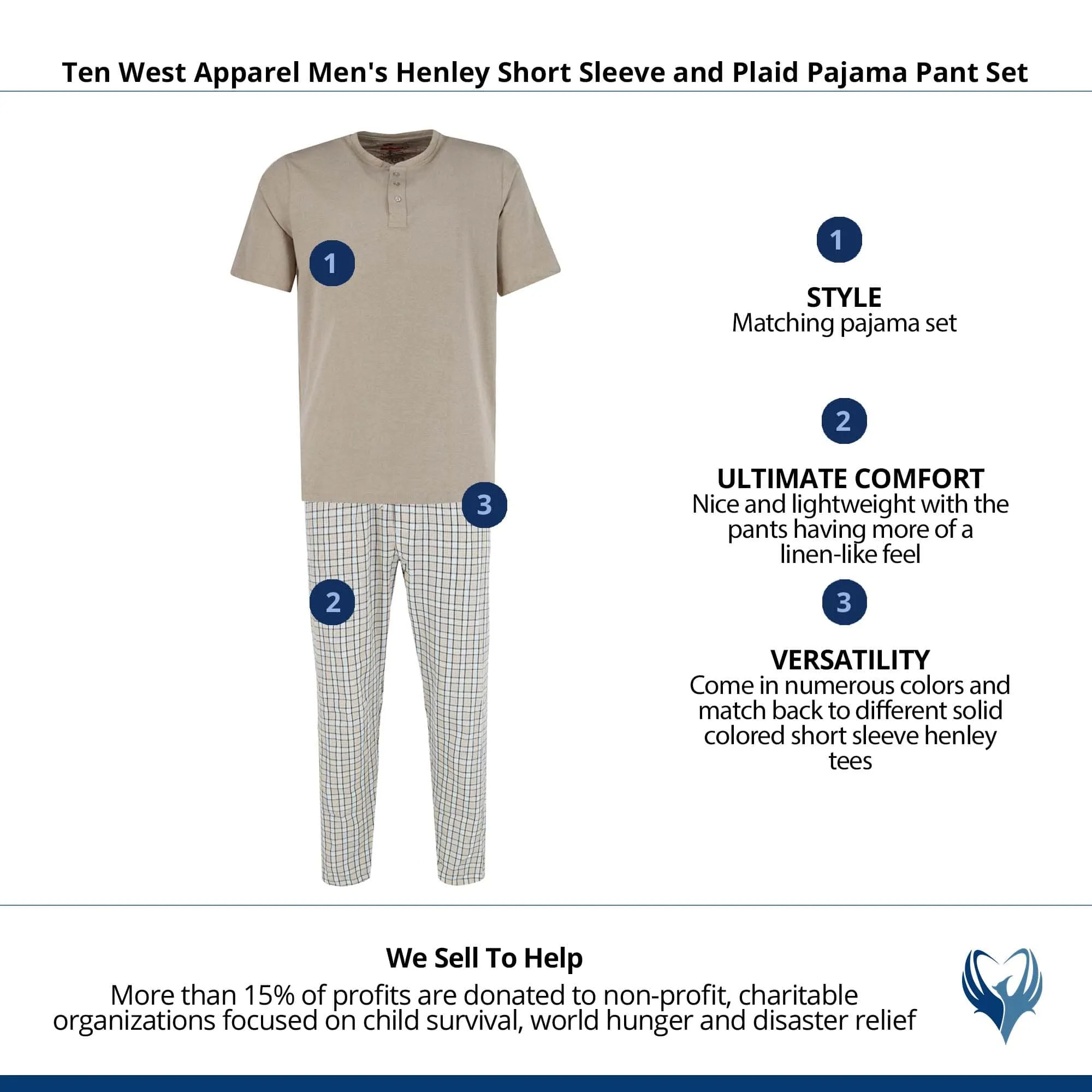 Ten West Apparel Men's Henley Short Sleeve and Plaid Pajama Pant Set