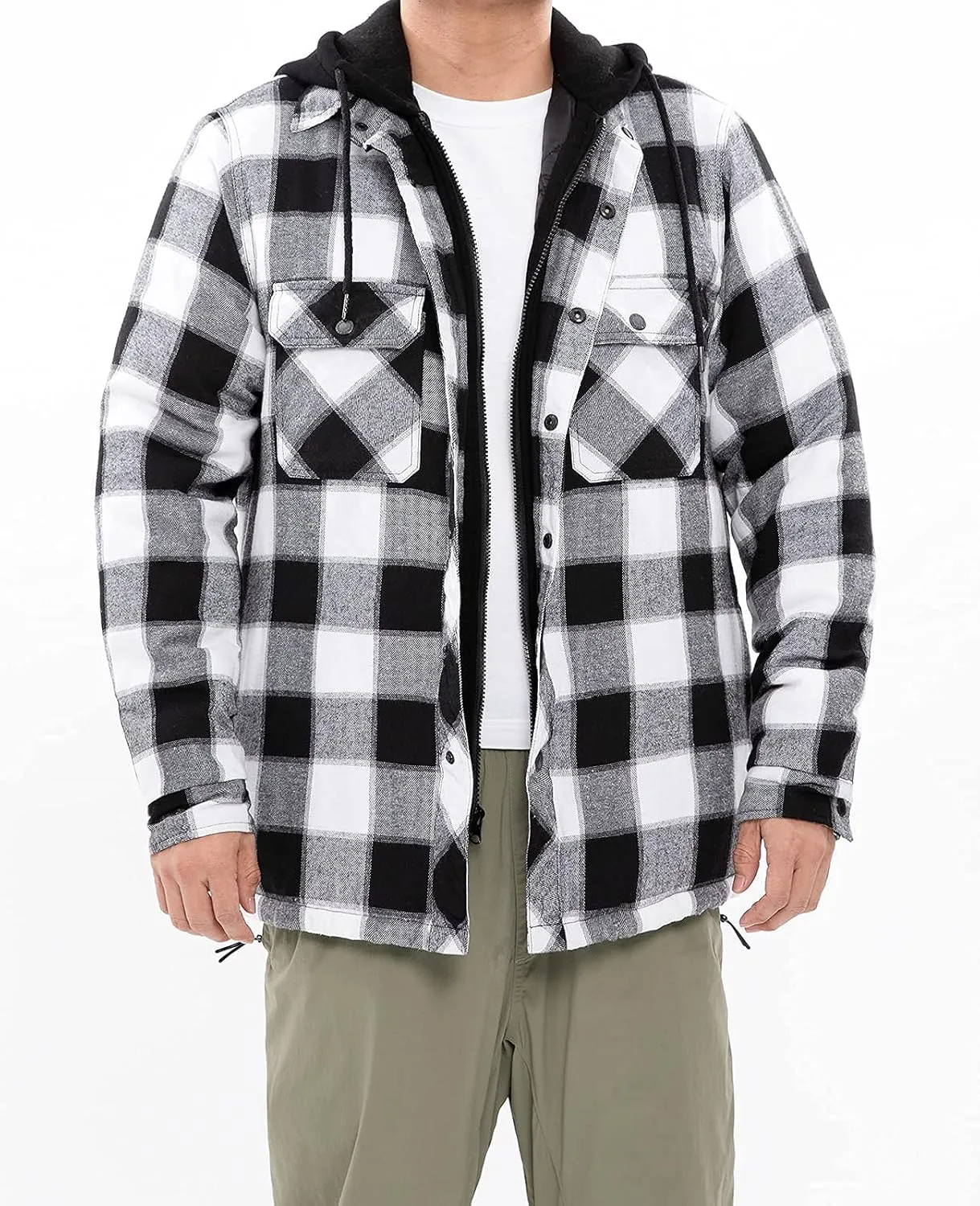 ThCreasa Mens Plaid Quilted Lined Flannel Jacket Button Down Flannel Shirt Jackets with Hood