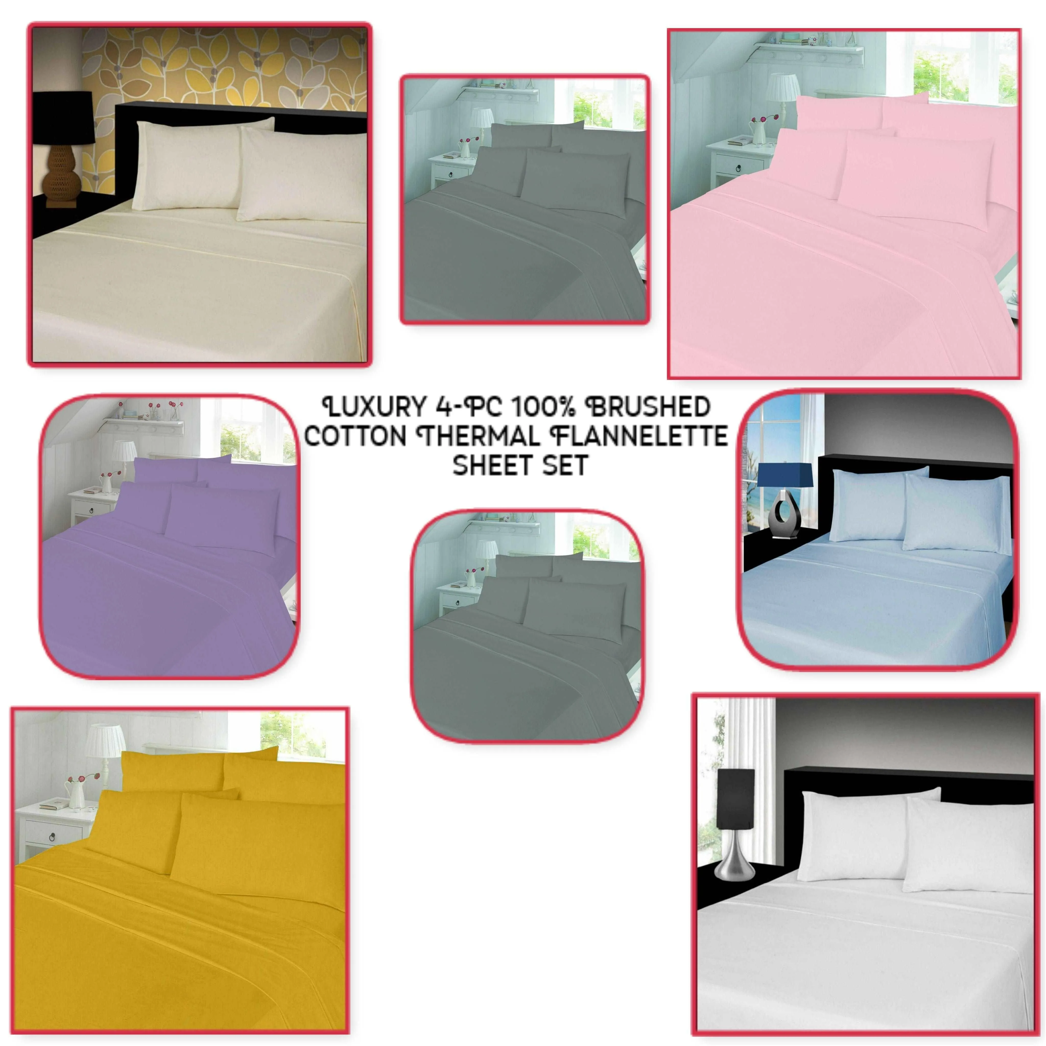 Thermal Flannelette Sheet Set Luxury 4-PC 100% Brushed Cotton All Sizes 7 Colors