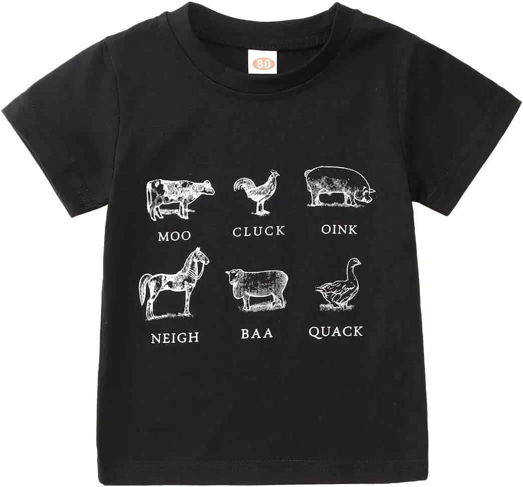 Toddler Baby Boys Girls Farm Shirt Cute Animals Graphic Short Sleeve T-Shirt Kids Funny Letter Print Summer Tee Tops