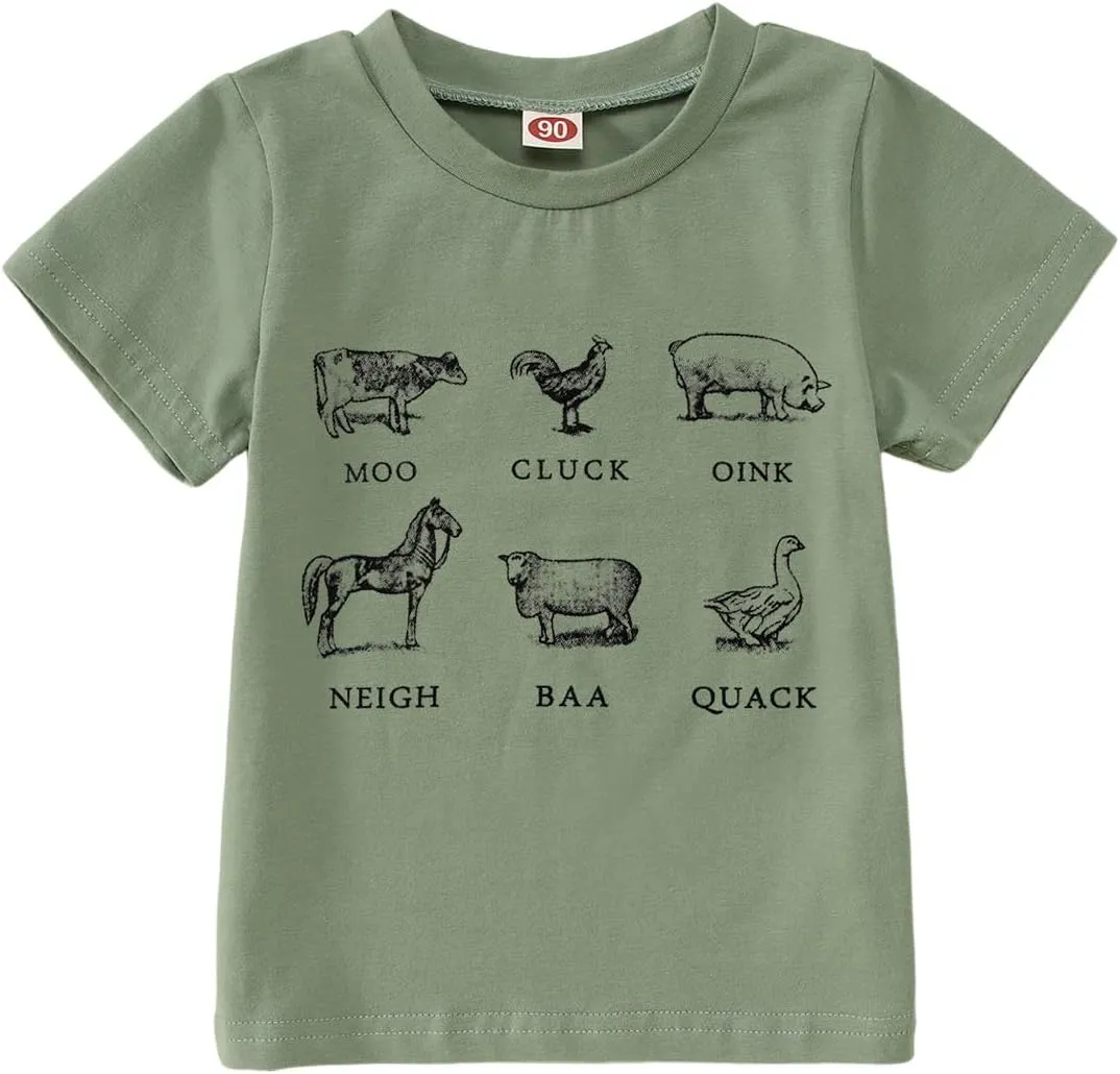 Toddler Baby Boys Girls Farm Shirt Cute Animals Graphic Short Sleeve T-Shirt Kids Funny Letter Print Summer Tee Tops