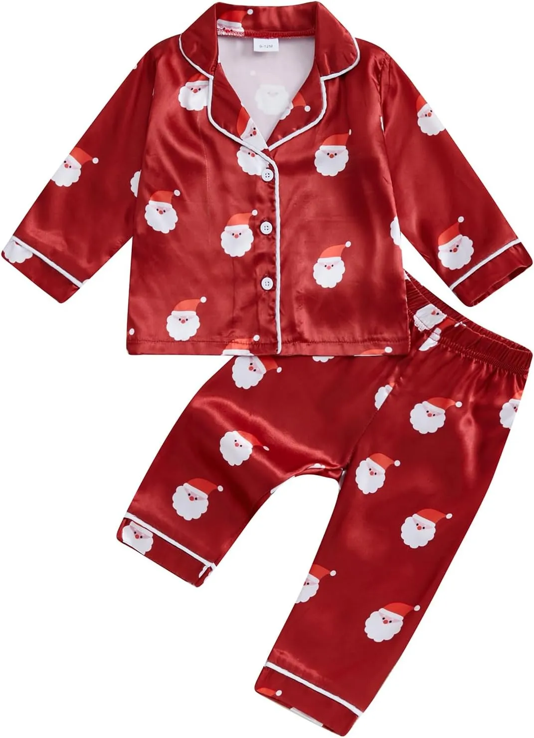 Toddler Baby Girl Boy Christmas Silk Satin Pajamas Santa Button Pjs Kids Long Sleeve Shirt Pants Xmas Pjs Sleepwear