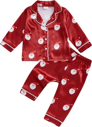 Toddler Baby Girl Boy Christmas Silk Satin Pajamas Santa Button Pjs Kids Long Sleeve Shirt Pants Xmas Pjs Sleepwear