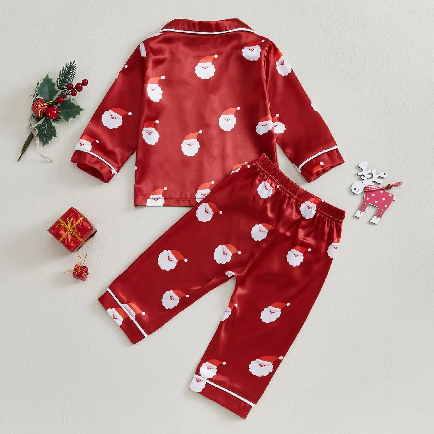 Toddler Baby Girl Boy Christmas Silk Satin Pajamas Santa Button Pjs Kids Long Sleeve Shirt Pants Xmas Pjs Sleepwear