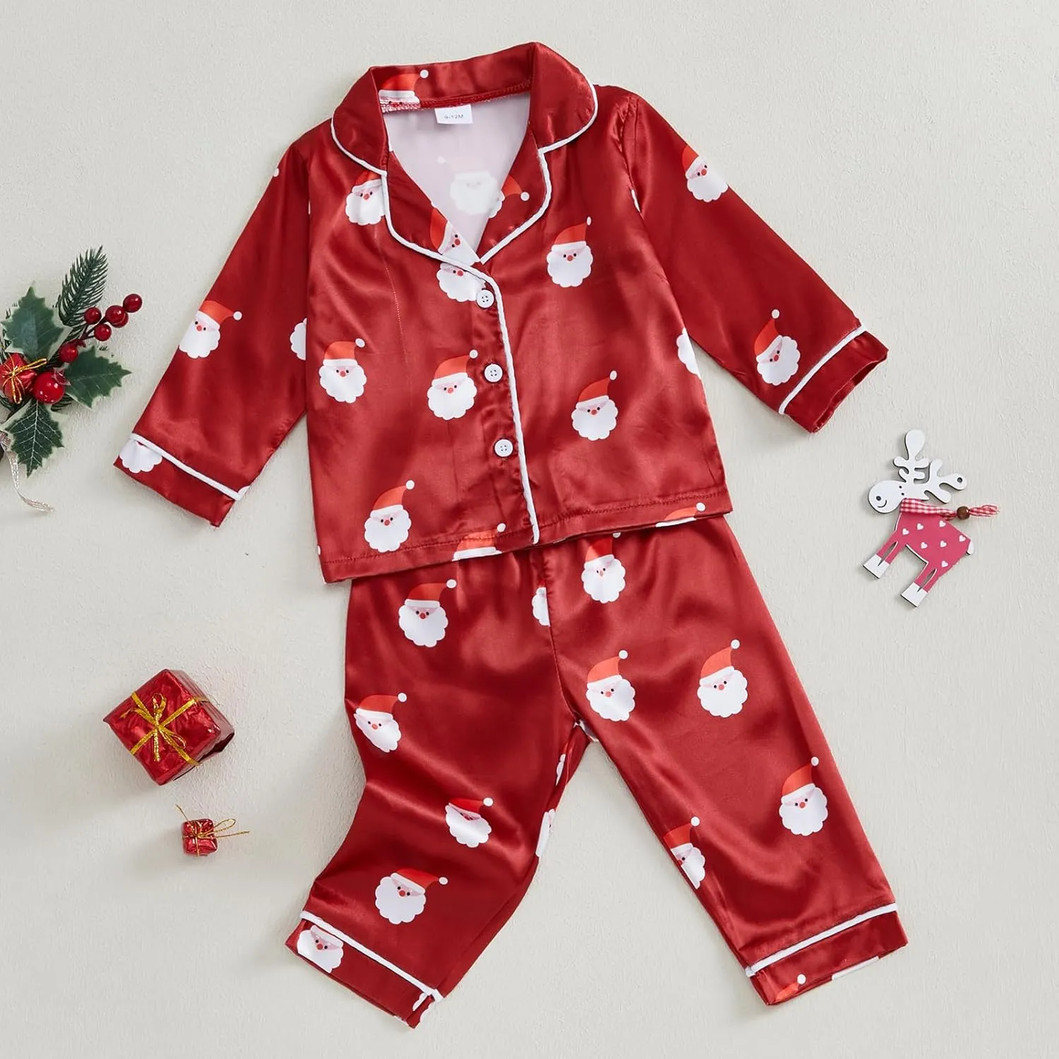 Toddler Baby Girl Boy Christmas Silk Satin Pajamas Santa Button Pjs Kids Long Sleeve Shirt Pants Xmas Pjs Sleepwear