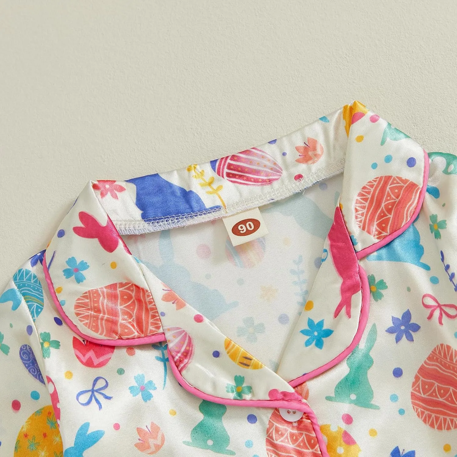 Toddler Baby Girl Boy Pajamas Set Silk Satin Button Down Pjs Kids Long Sleeve Bunny Shirt Pants Easter Outfit