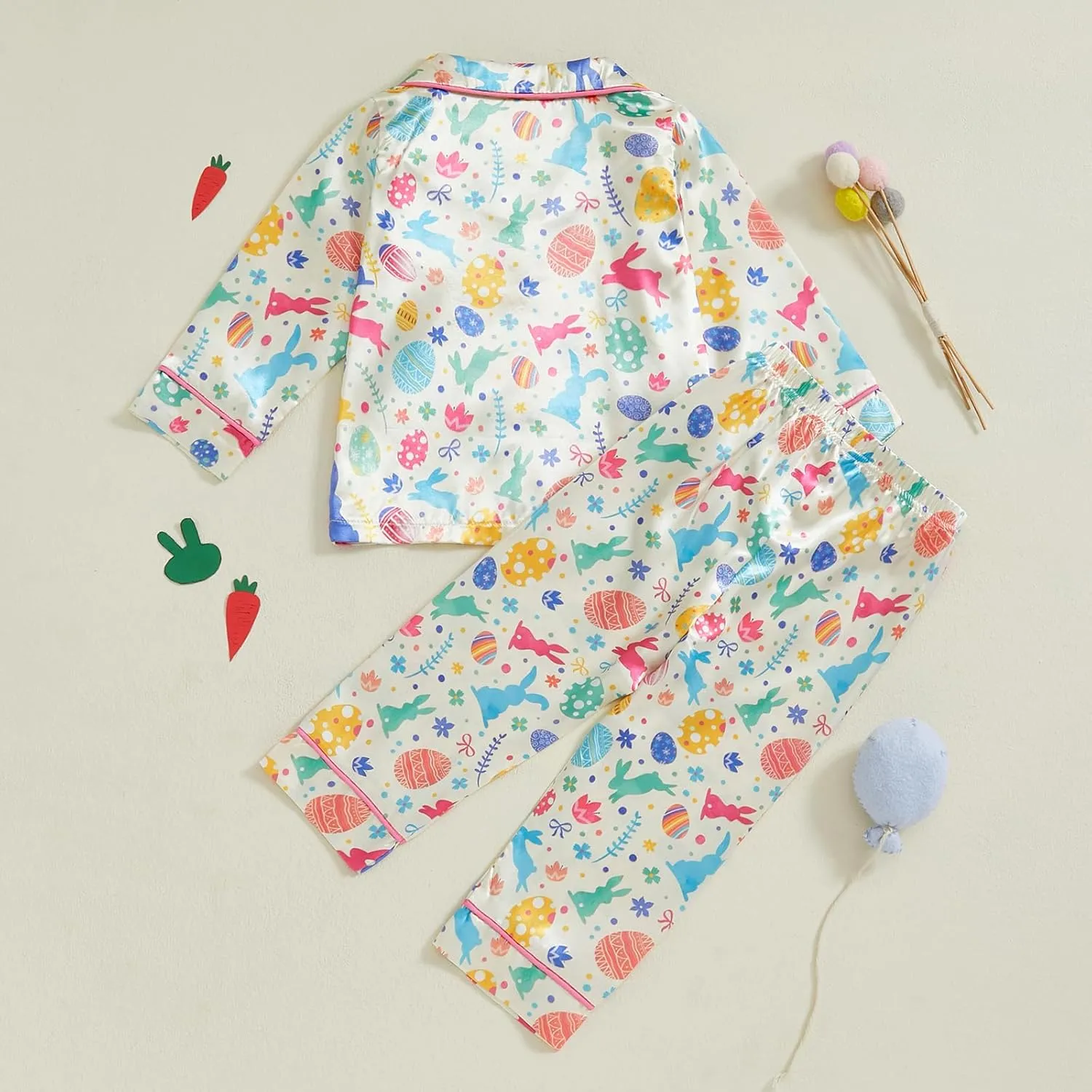 Toddler Baby Girl Boy Pajamas Set Silk Satin Button Down Pjs Kids Long Sleeve Bunny Shirt Pants Easter Outfit
