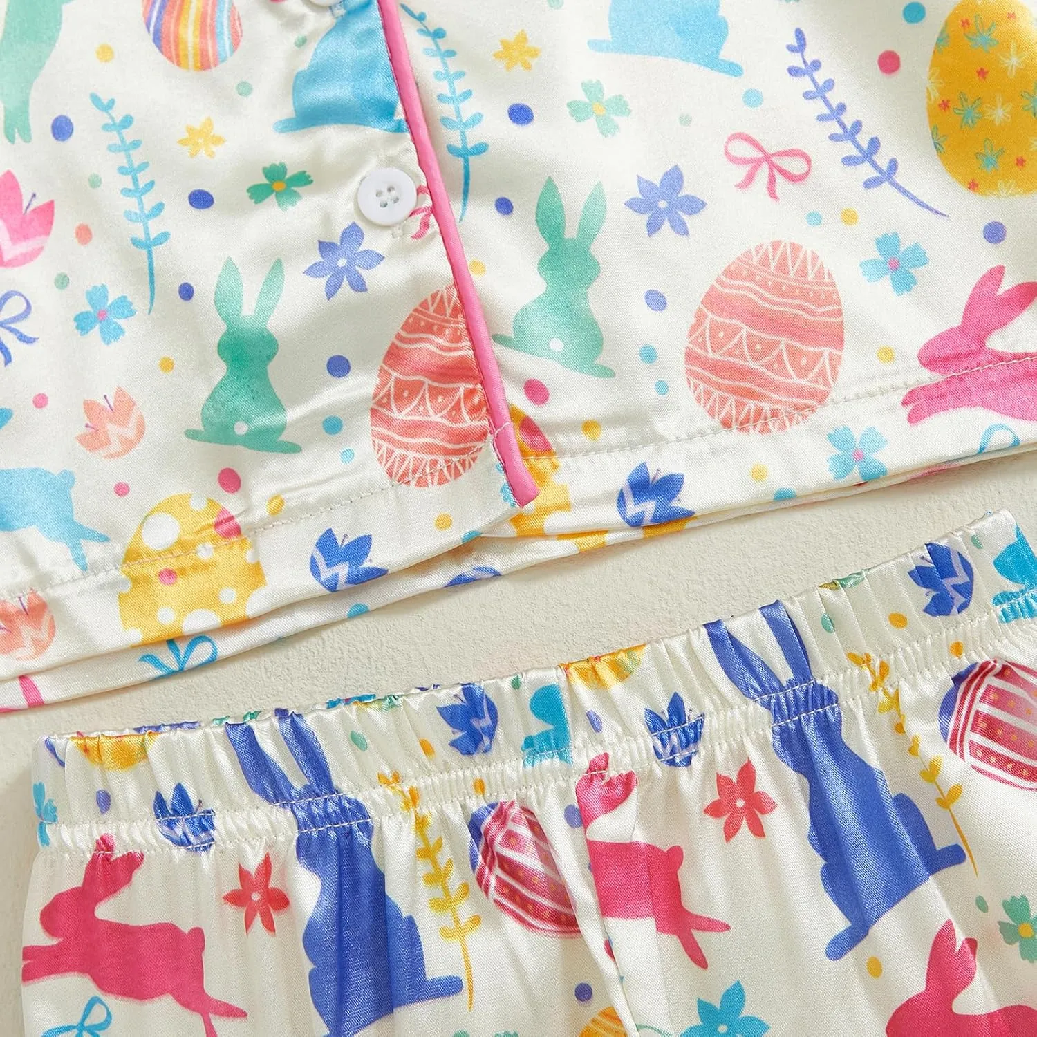 Toddler Baby Girl Boy Pajamas Set Silk Satin Button Down Pjs Kids Long Sleeve Bunny Shirt Pants Easter Outfit