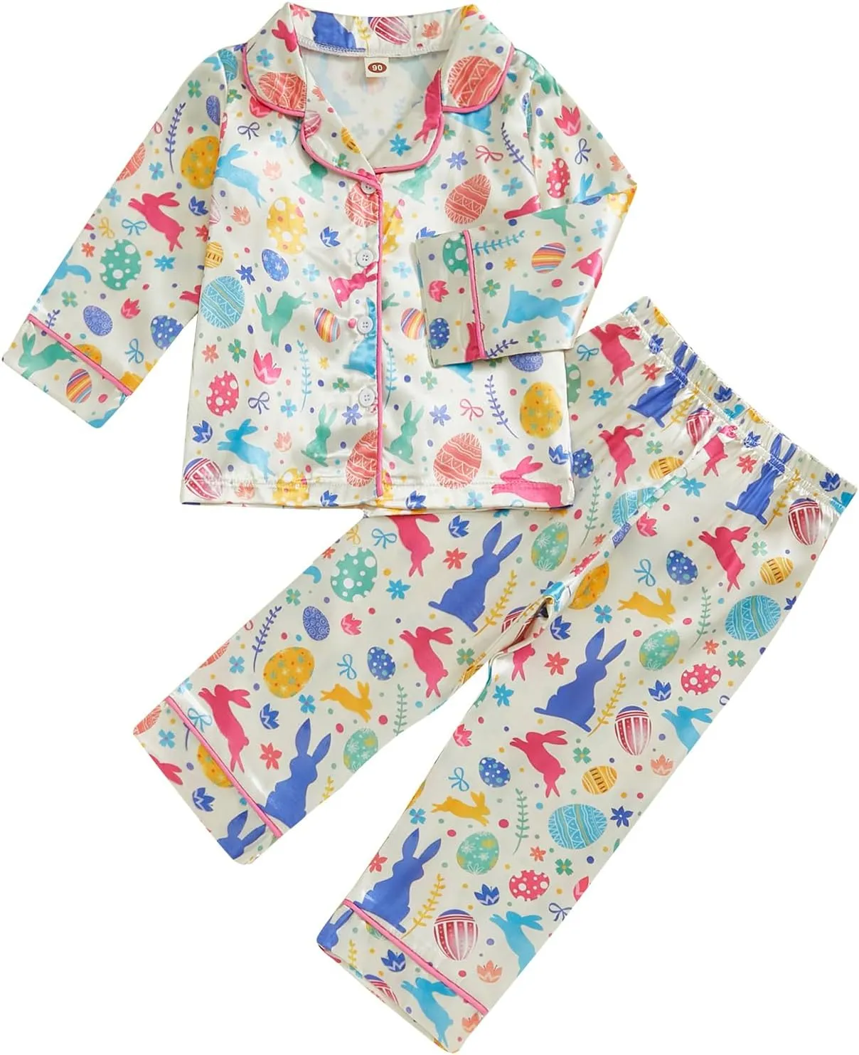 Toddler Baby Girl Boy Pajamas Set Silk Satin Button Down Pjs Kids Long Sleeve Bunny Shirt Pants Easter Outfit