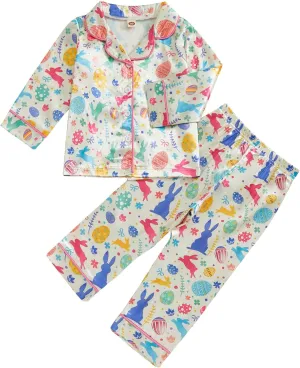 Toddler Baby Girl Boy Pajamas Set Silk Satin Button Down Pjs Kids Long Sleeve Bunny Shirt Pants Easter Outfit