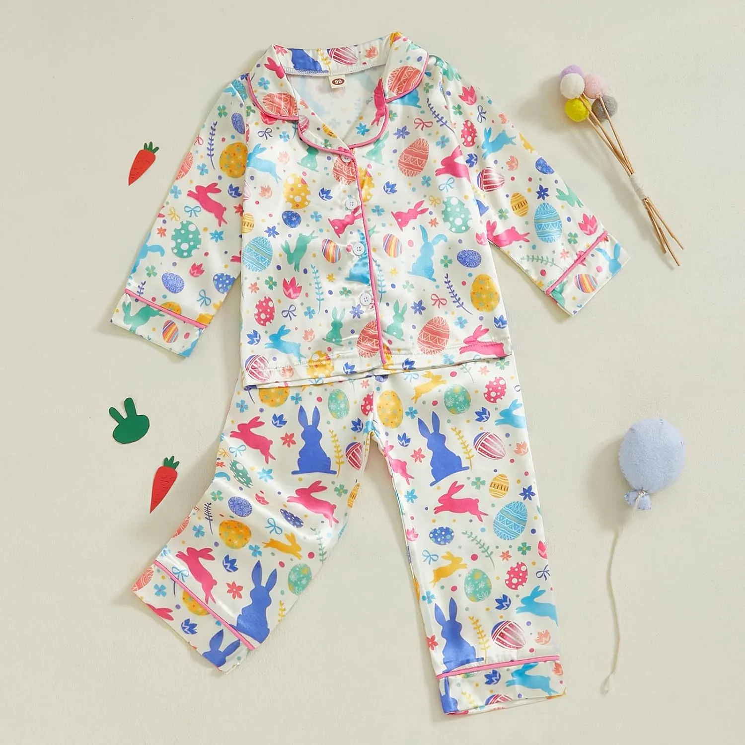 Toddler Baby Girl Boy Pajamas Set Silk Satin Button Down Pjs Kids Long Sleeve Bunny Shirt Pants Easter Outfit