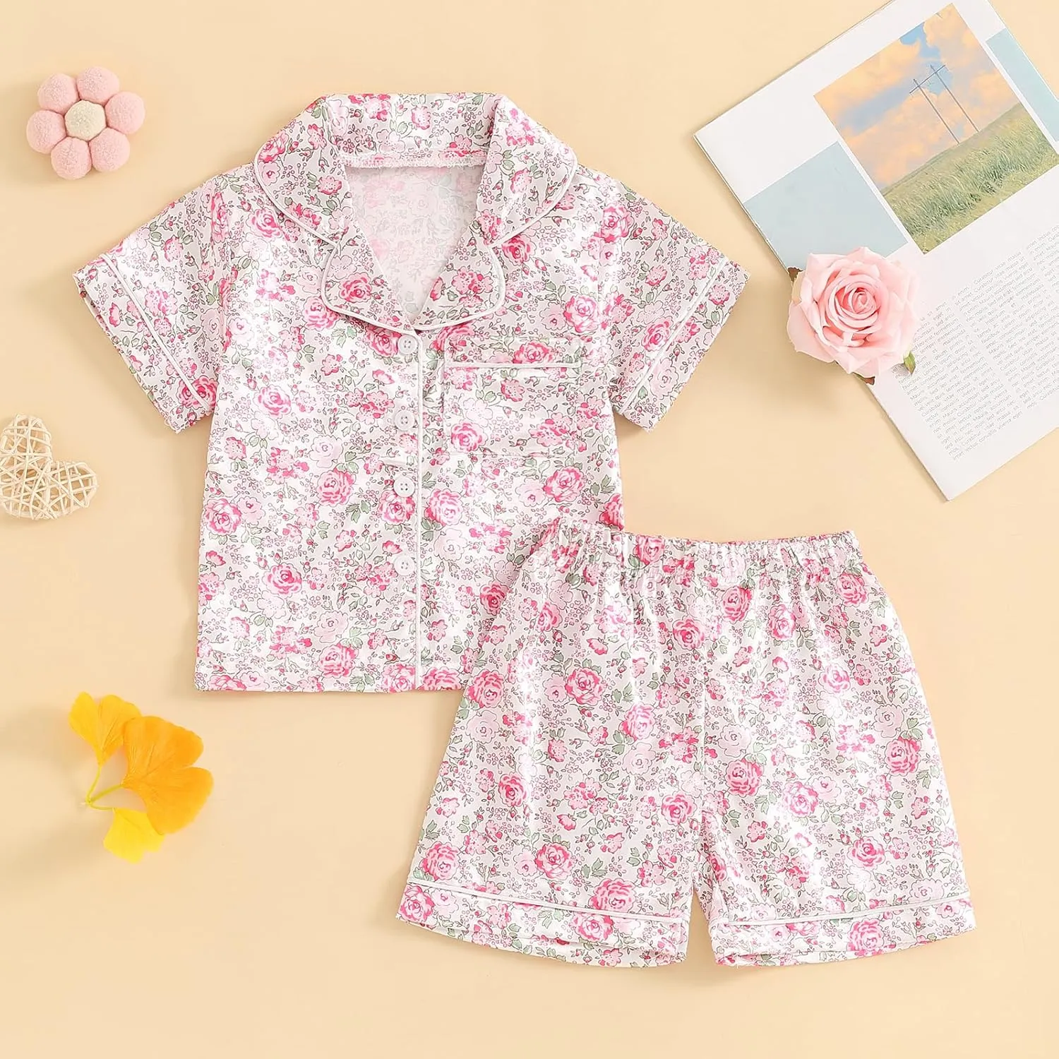 Toddler Girl Floral Pajamas Set Short Sleeve Button Down Shirt And Shorts 2Pcs Kids Pjs Loungewear