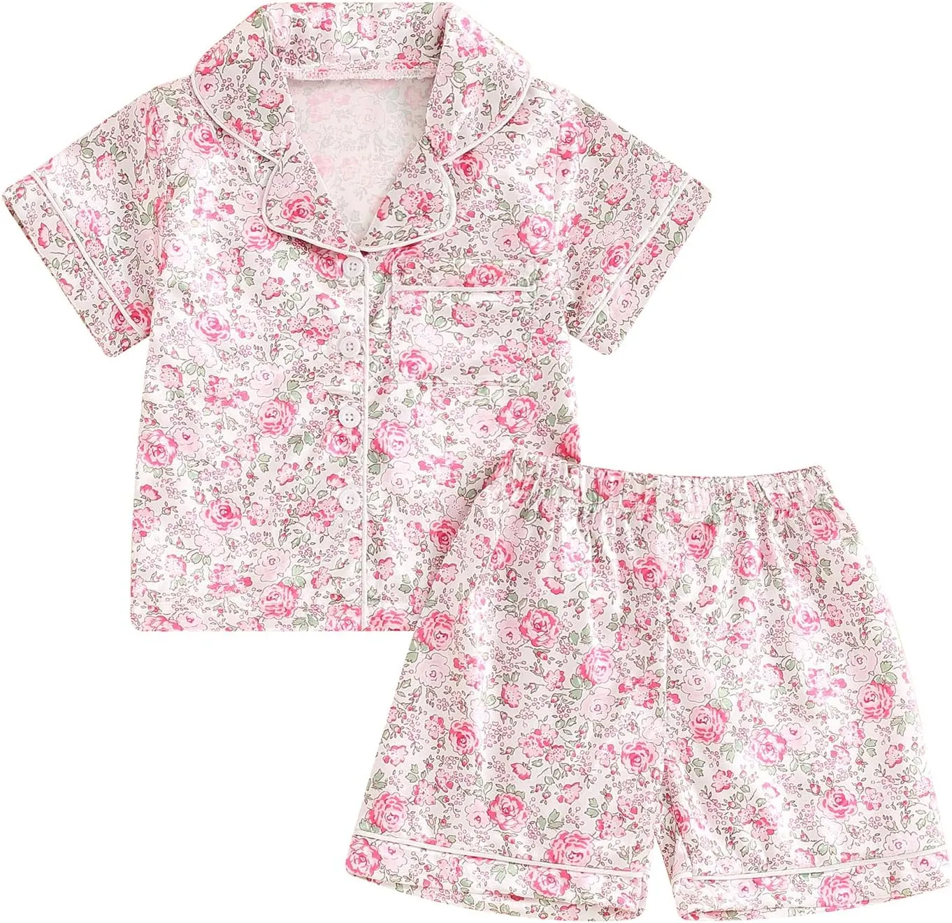 Toddler Girl Floral Pajamas Set Short Sleeve Button Down Shirt And Shorts 2Pcs Kids Pjs Loungewear