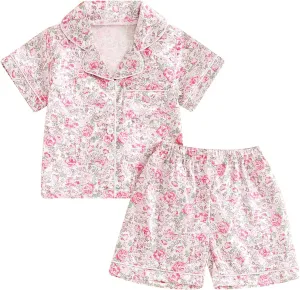 Toddler Girl Floral Pajamas Set Short Sleeve Button Down Shirt And Shorts 2Pcs Kids Pjs Loungewear