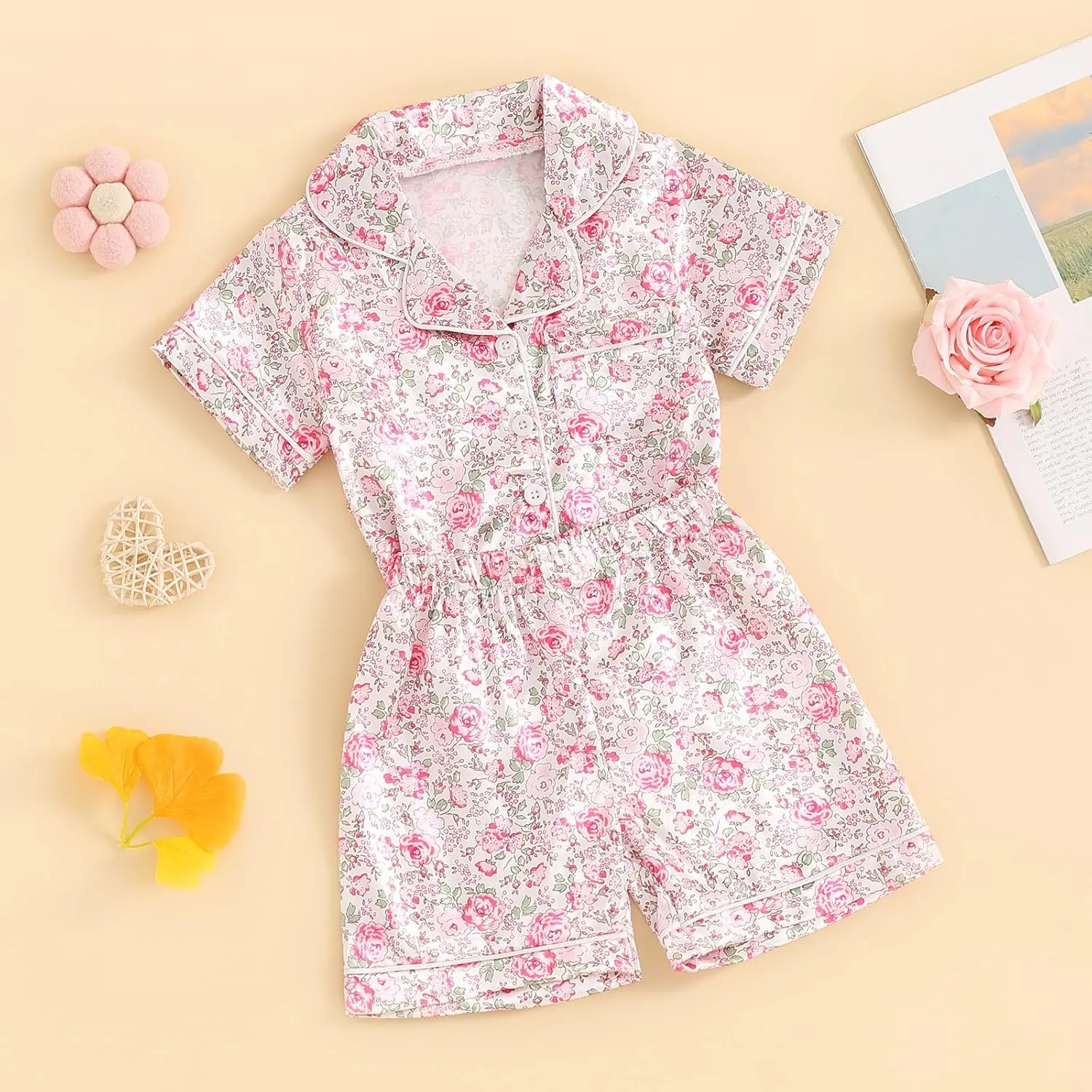 Toddler Girl Floral Pajamas Set Short Sleeve Button Down Shirt And Shorts 2Pcs Kids Pjs Loungewear