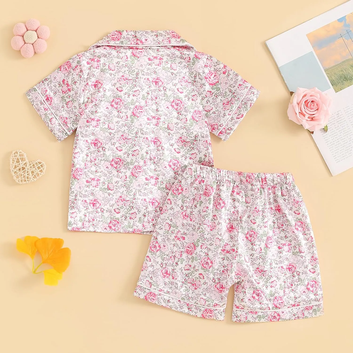 Toddler Girl Floral Pajamas Set Short Sleeve Button Down Shirt And Shorts 2Pcs Kids Pjs Loungewear