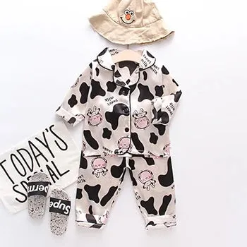 Toddler Girls Silk Satin Pajamas Sets Cartoon Kids Boys Pyjamas Baby Sleepwear Suit Girl Casual Home Wear Loungewear