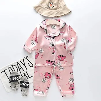 Toddler Girls Silk Satin Pajamas Sets Cartoon Kids Boys Pyjamas Baby Sleepwear Suit Girl Casual Home Wear Loungewear