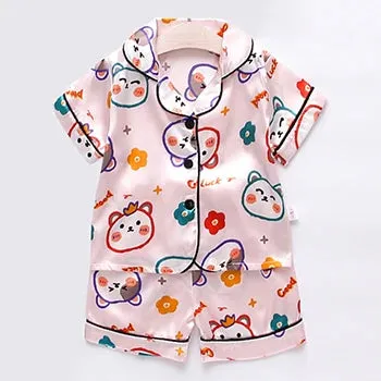 Toddler Girls Silk Satin Pajamas Sets Cartoon Kids Boys Pyjamas Baby Sleepwear Suit Girl Casual Home Wear Loungewear