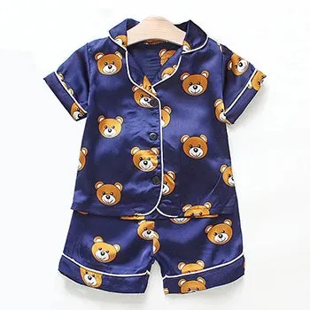 Toddler Girls Silk Satin Pajamas Sets Cartoon Kids Boys Pyjamas Baby Sleepwear Suit Girl Casual Home Wear Loungewear