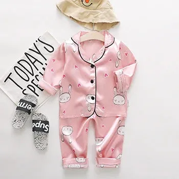 Toddler Girls Silk Satin Pajamas Sets Cartoon Kids Boys Pyjamas Baby Sleepwear Suit Girl Casual Home Wear Loungewear