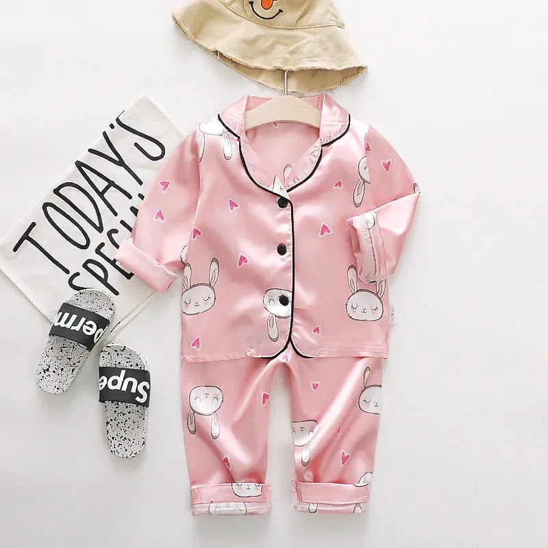 Toddler Girls Silk Satin Pajamas Sets Cartoon Kids Boys Pyjamas Baby Sleepwear Suit Girl Casual Home Wear Loungewear