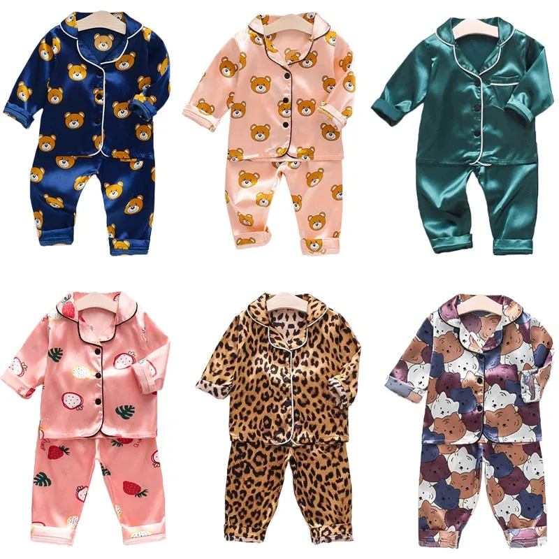 Toddler Girls Silk Satin Pajamas Sets Cartoon Kids Boys Pyjamas Baby Sleepwear Suit Girl Casual Home Wear Loungewear