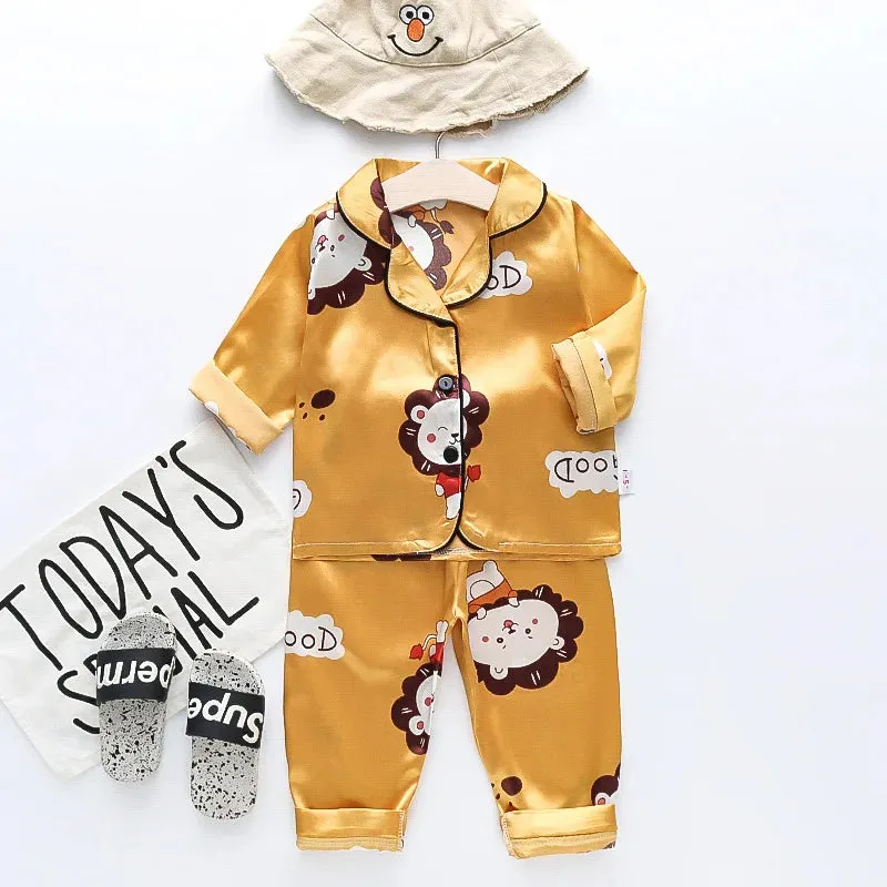 Toddler Girls Silk Satin Pajamas Sets Cartoon Kids Boys Pyjamas Baby Sleepwear Suit Girl Casual Home Wear Loungewear