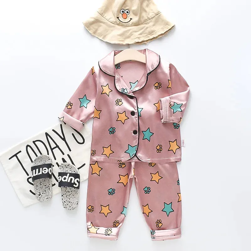 Toddler Girls Silk Satin Pajamas Sets Cartoon Kids Boys Pyjamas Baby Sleepwear Suit Girl Casual Home Wear Loungewear