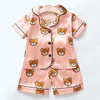 Toddler Girls Silk Satin Pajamas Sets Cartoon Kids Boys Pyjamas Baby Sleepwear Suit Girl Casual Home Wear Loungewear