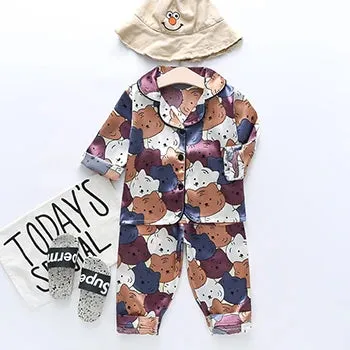 Toddler Girls Silk Satin Pajamas Sets Cartoon Kids Boys Pyjamas Baby Sleepwear Suit Girl Casual Home Wear Loungewear