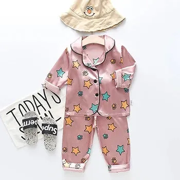 Toddler Girls Silk Satin Pajamas Sets Cartoon Kids Boys Pyjamas Baby Sleepwear Suit Girl Casual Home Wear Loungewear