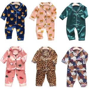 Toddler Girls Silk Satin Pajamas Sets Cartoon Kids Boys Pyjamas Baby Sleepwear Suit Girl Casual Home Wear Loungewear