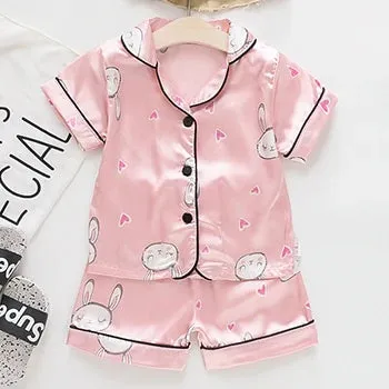 Toddler Girls Silk Satin Pajamas Sets Cartoon Kids Boys Pyjamas Baby Sleepwear Suit Girl Casual Home Wear Loungewear