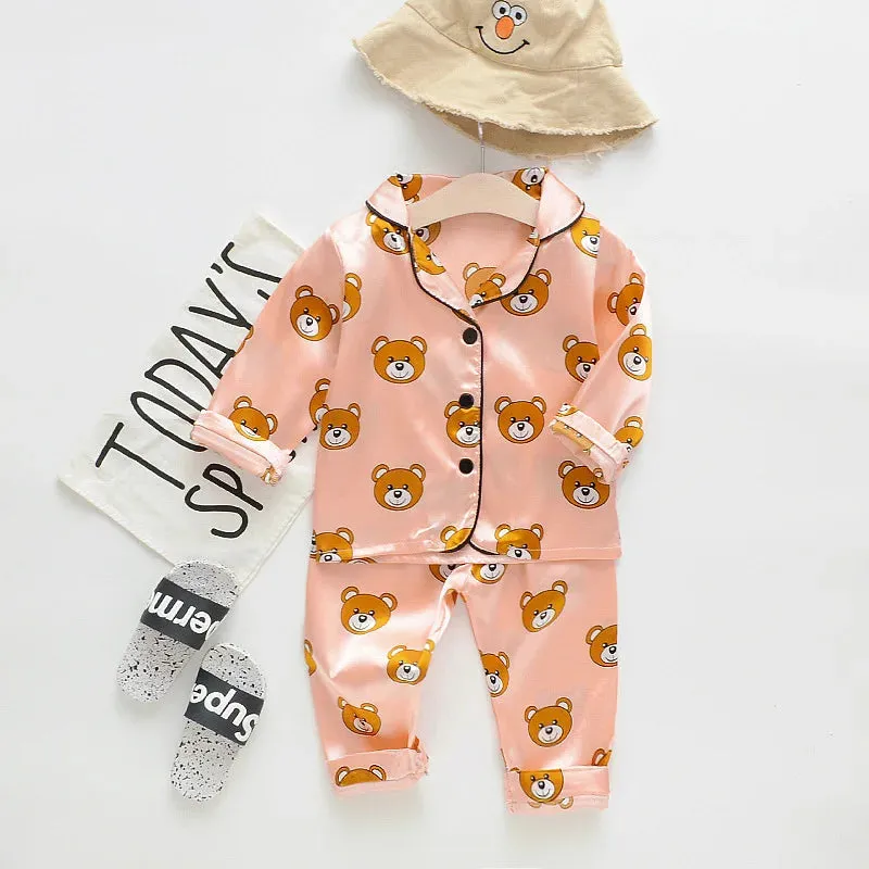 Toddler Girls Silk Satin Pajamas Sets Cartoon Kids Boys Pyjamas Baby Sleepwear Suit Girl Casual Home Wear Loungewear