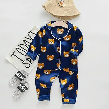 Toddler Girls Silk Satin Pajamas Sets Cartoon Kids Boys Pyjamas Baby Sleepwear Suit Girl Casual Home Wear Loungewear