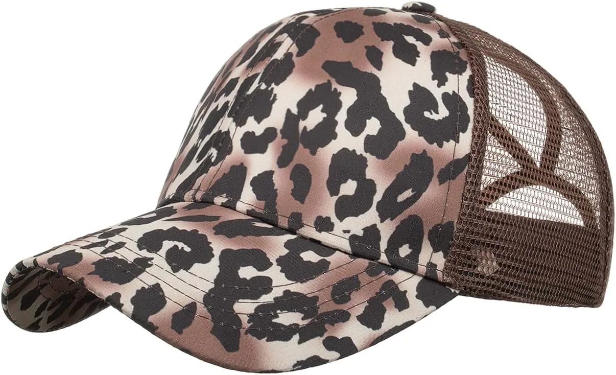 TopTie Ponytail Hat Leopard Messy High Bun Baseball Cap Mesh Back