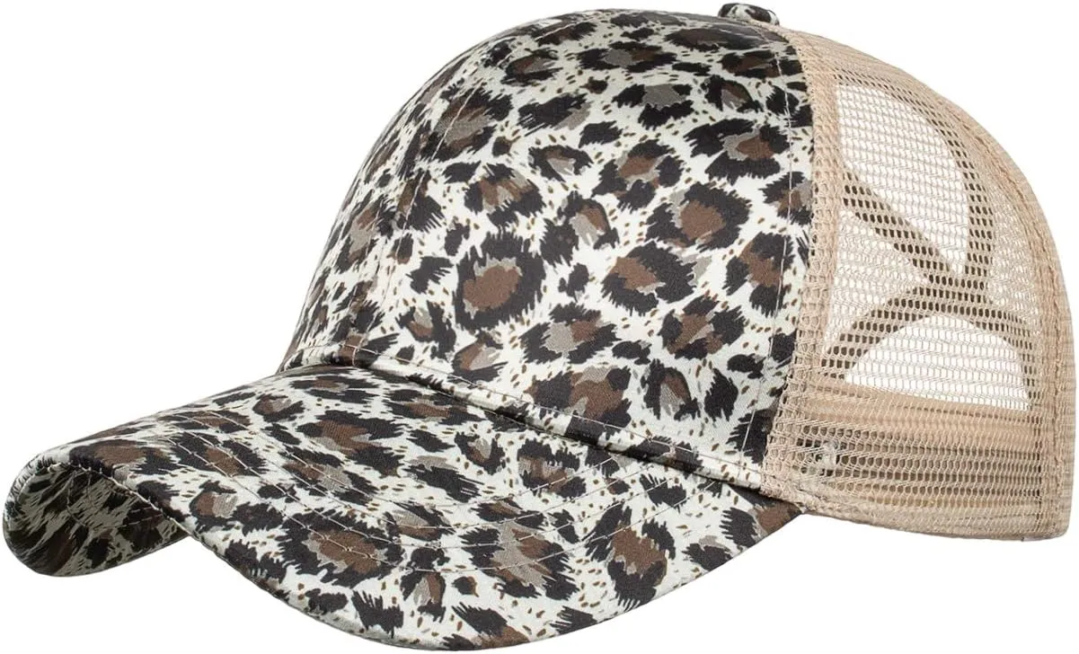 TopTie Ponytail Hat Leopard Messy High Bun Baseball Cap Mesh Back